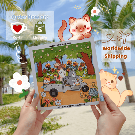 Awesome Summer Lofi Kitty Coloring Book | Coloring Book for Adults and Kids | Super Cute Animal Characters with Easy and Simple Designs for Relaxation